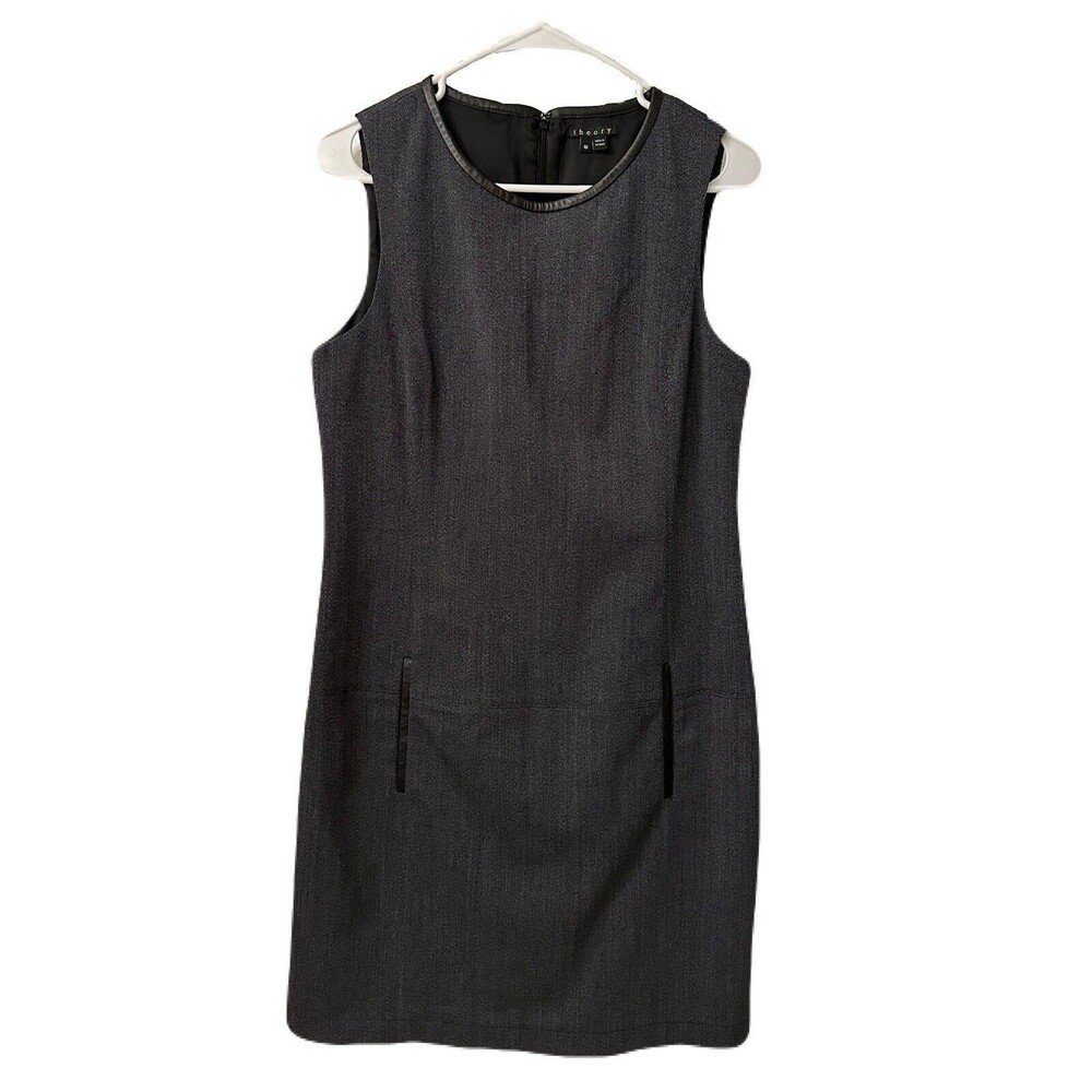 Theory Womens Size 10 Gray Wool Blend Sleeveless Pocket Dress Lambskin Trim EUC